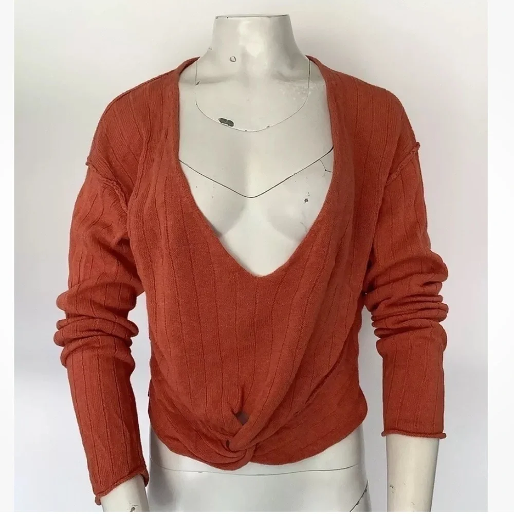 Free People Sz L Wrap Front Cropped Plunge Neck Sweater Red Linen Cotton